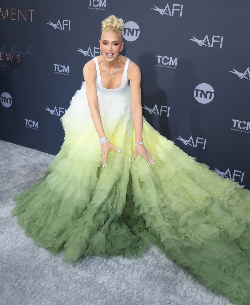 Gwen Stefani robiła, co mogła, by poradzić sobie z suknią na ściance /Steve Granitz/FilmMagic /Getty Images