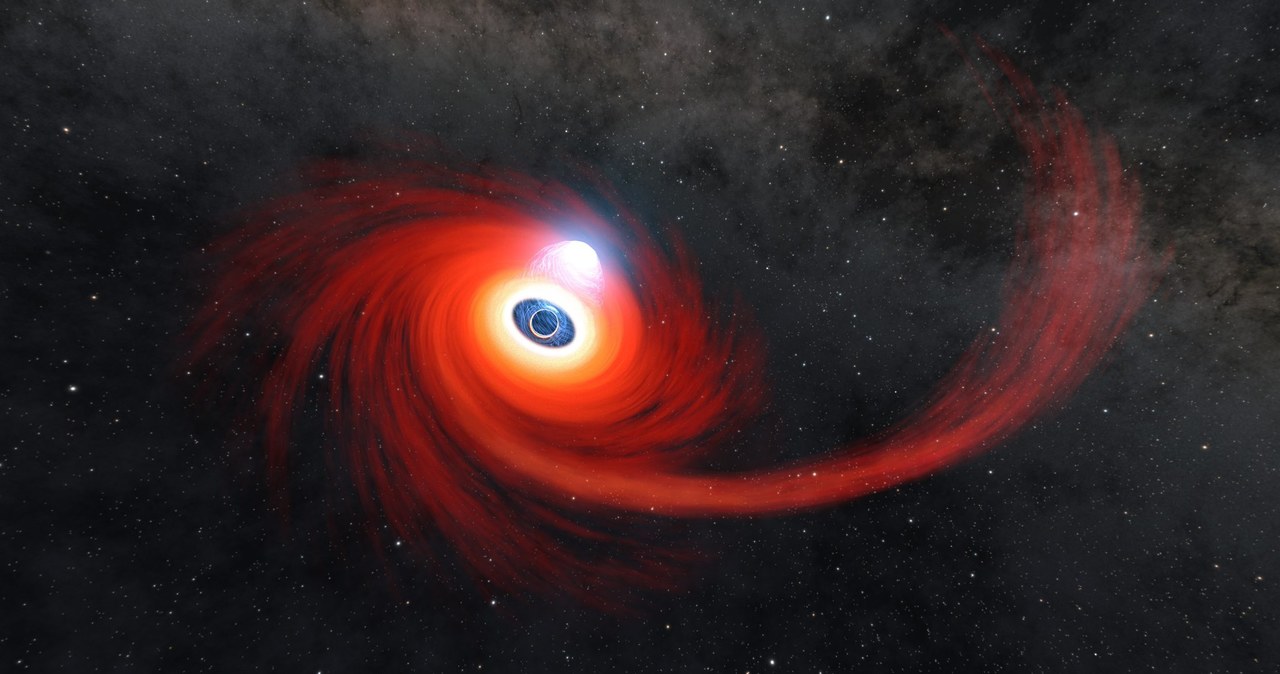 Gwiazda kontra czarna dziura. Po gwieździe zostaje jasna smuga. /NASA