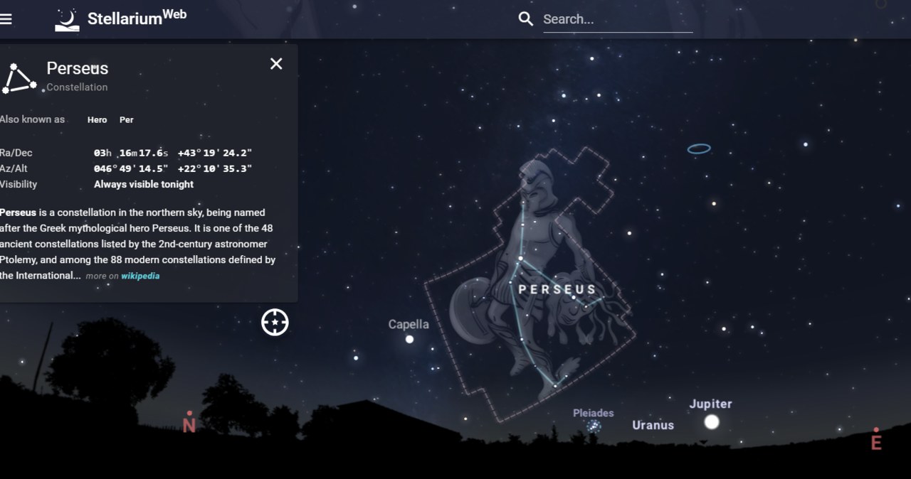 Gwiazdozbiór Perseusza będzie widoczny na północnym wschodzie. Najwięcej spadających gwiazd zobaczymy, patrząc w tym kierunku. /Stellarium Web /materiał zewnętrzny