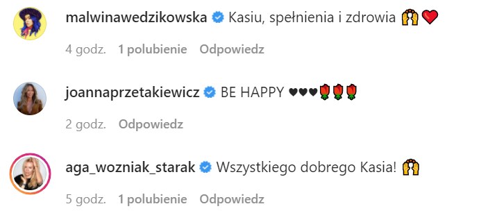 Gwiazdy składają życzenia Sokołowskiej na IG @kasiasokolowska_official /Instagram