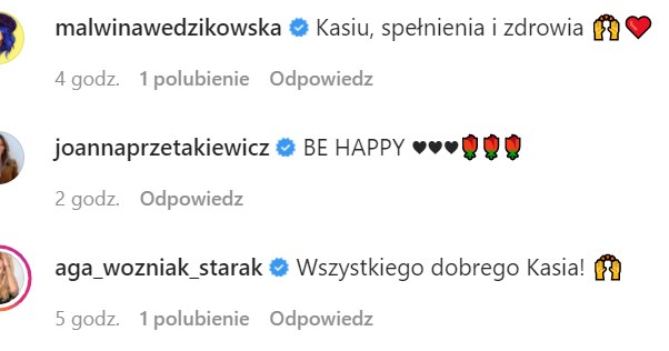 Gwiazdy składają życzenia Sokołowskiej na IG @kasiasokolowska_official /Instagram