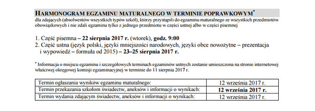 Harmonogram egzaminu maturalnego w terminie poprawkowym. /Centralna Komisja Egzaminacyjna