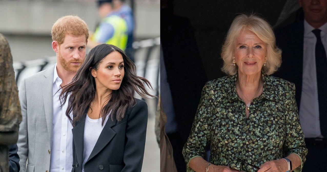 Harry, Meghan Markle i księżna Camilla /Backgrid / Rex Features /East News