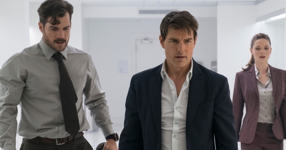 Henry Cavill, Tom Cruise i Rebecca Ferguson w scenie z "Mission: Impossible - Fallout" /materiały prasowe