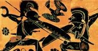 Hoplici w pełnym uzbrojeniu w pojedynku, namalowani na czarnofigurowym skyfosie typu chalcydyckiego /Encyklopedia Internautica