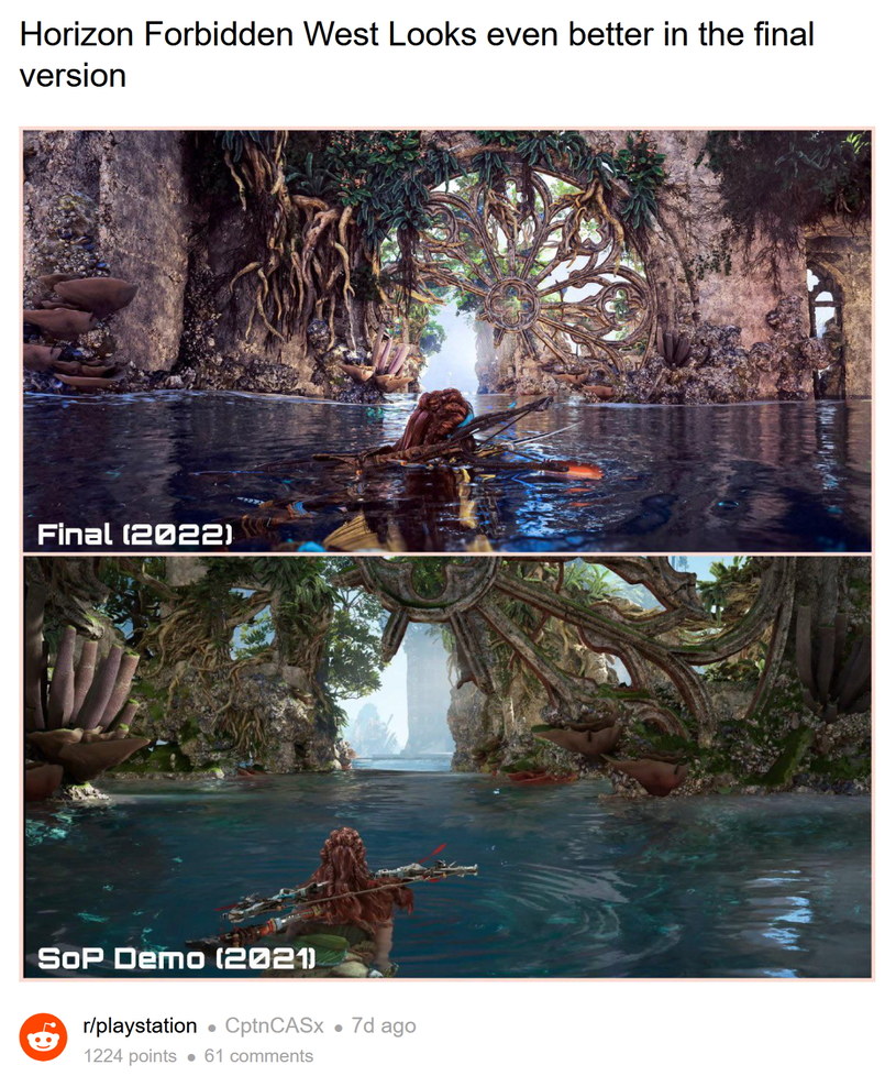 Horizon: Forbidden West - porównywanie grafiki z pokazu w 2021 roku i finalnej wersji /Reddit /materiały źródłowe