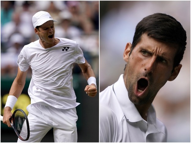 Hubert Hurkacz i Novak Djoković w pojedynku trzeciej rundy wielkoszlemowego Wimbledonu /NIC BOTHMA /PAP/EPA