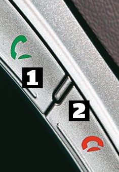 Hyundai ma typowy, bardzo przejrzysty układ przycisków. Przyciskiem z zieloną słuchawką [1] odbiera się połączenie, a czerwoną [2] kończy lub odrzuca. /Motor