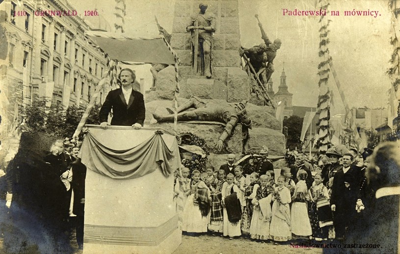 Ignacy Jan Paderewski podczas odsłonięcia pomnika grunwaldzkiego w Krakowie 15 lipca 1910 r. /Biblioteka Narodowa