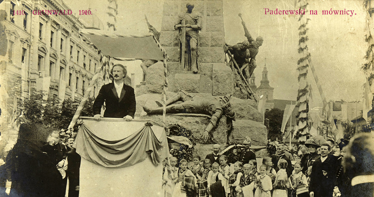 Ignacy Jan Paderewski podczas odsłonięcia pomnika grunwaldzkiego w Krakowie 15 lipca 1910 r. /Biblioteka Narodowa