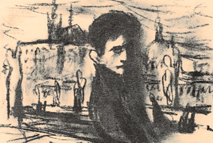 Ilustracja Herberta Froniusa do Zamku, przedstawiony na niej bohater ma twarz  Kafki /Encyklopedia Internautica
