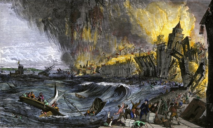 Ilustracja przedstawiająca tsunami nawiedzające Lizbonę. W 1755 roku fale zabrały tam 60 tysięcy ofiar /East News