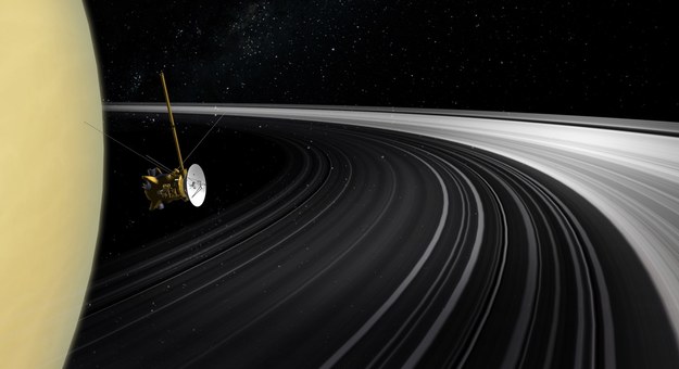Ilustracja sondy Cassini na tle pierscieni Saturna /NASA/JPL-Caltech /Materiały prasowe