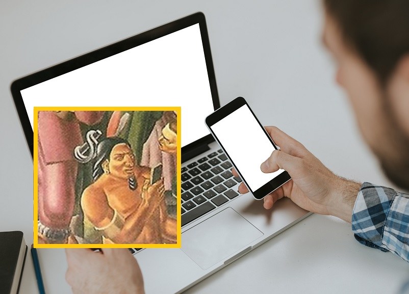 Indianin na fresku sprzed 85 lat trzyma prostokątny przedmiot w identyczny sposób, jak dziś trzymamy smartfona /123RF/PICSEL