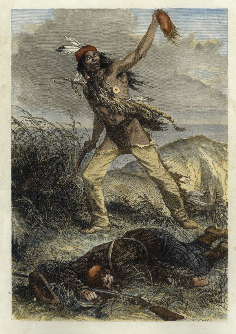 Indianin skalpujący kolonialistę. Francuska rycina z 1904 roku /East News