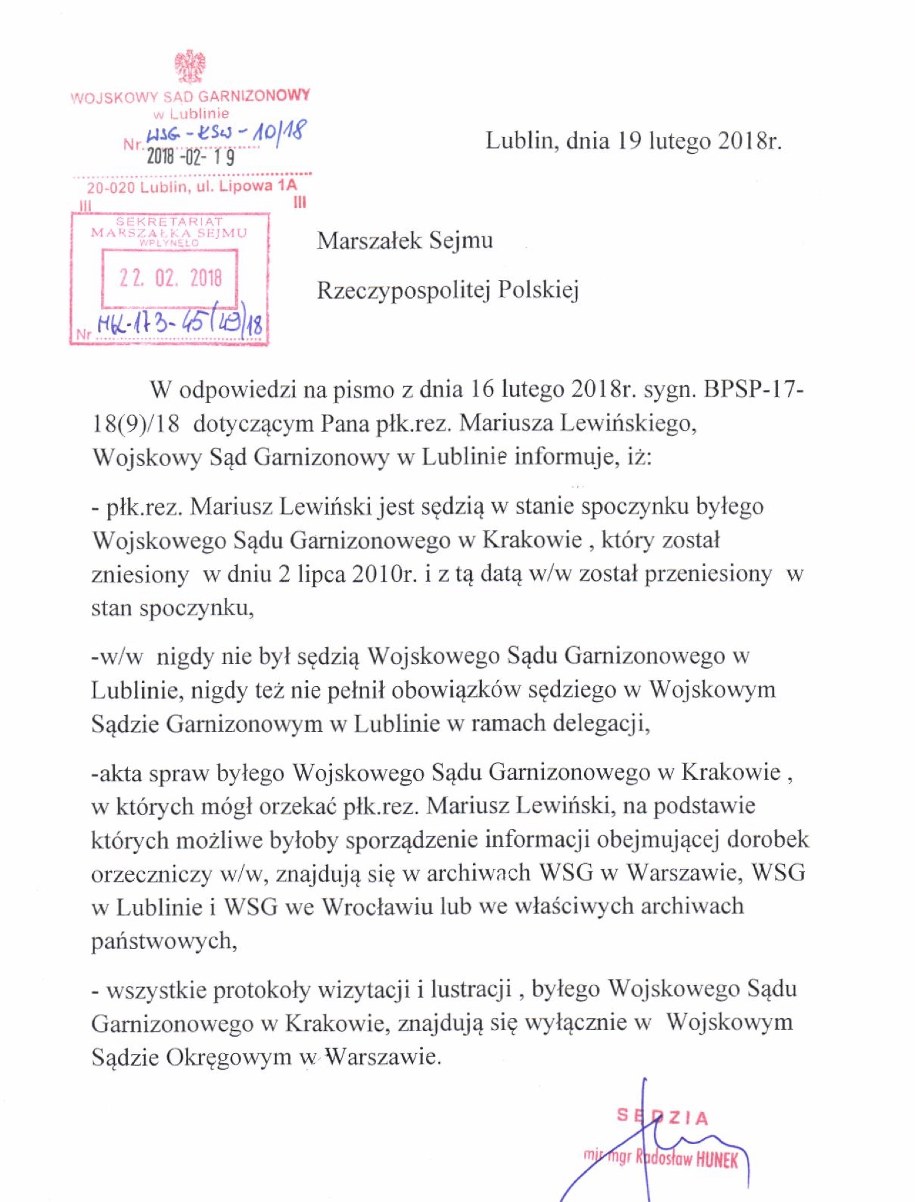 Informacja dot. sędziego Lewińskiego /