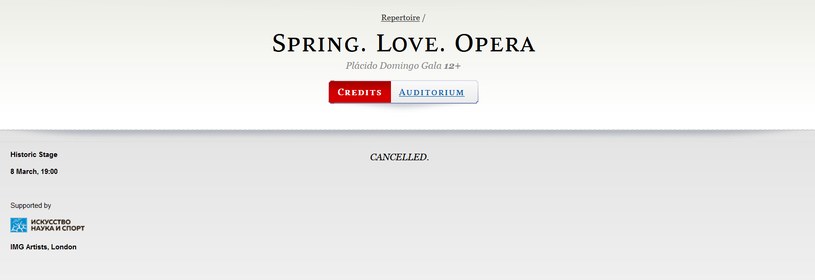 Informacja na stronie Teatru Bolszoj o odwołaniu występu Placido Domingo /