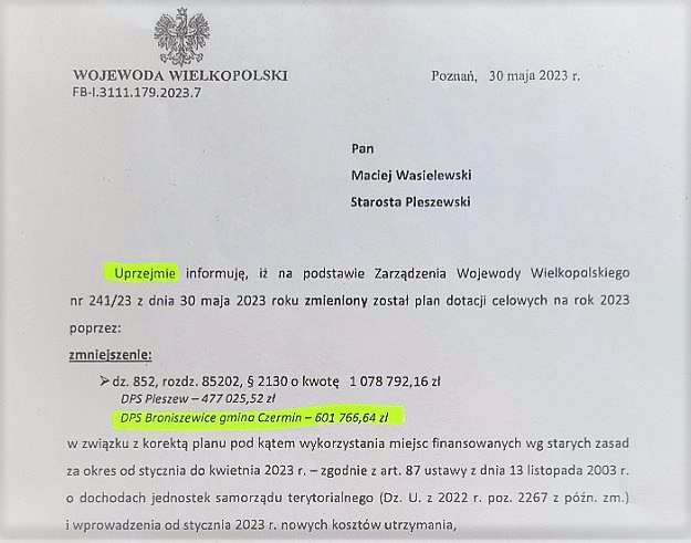 Informacja o cofnięciu dotacji dla DPS w Broniszewicach (fot. facebook.com/dpsbroniszewice) /