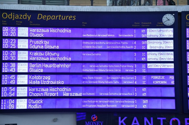 Informacja o opóźnieniach pociągów, prezentowana na tablicy w hali Dworca Centralnego w Warszawie /Radek Pietruszka /PAP