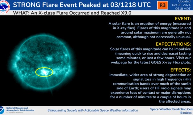 Informacja o wczorajszym silnym rozbłysku klasy X9.0 /NOAA Space Weather Prediction Center /Materiały prasowe