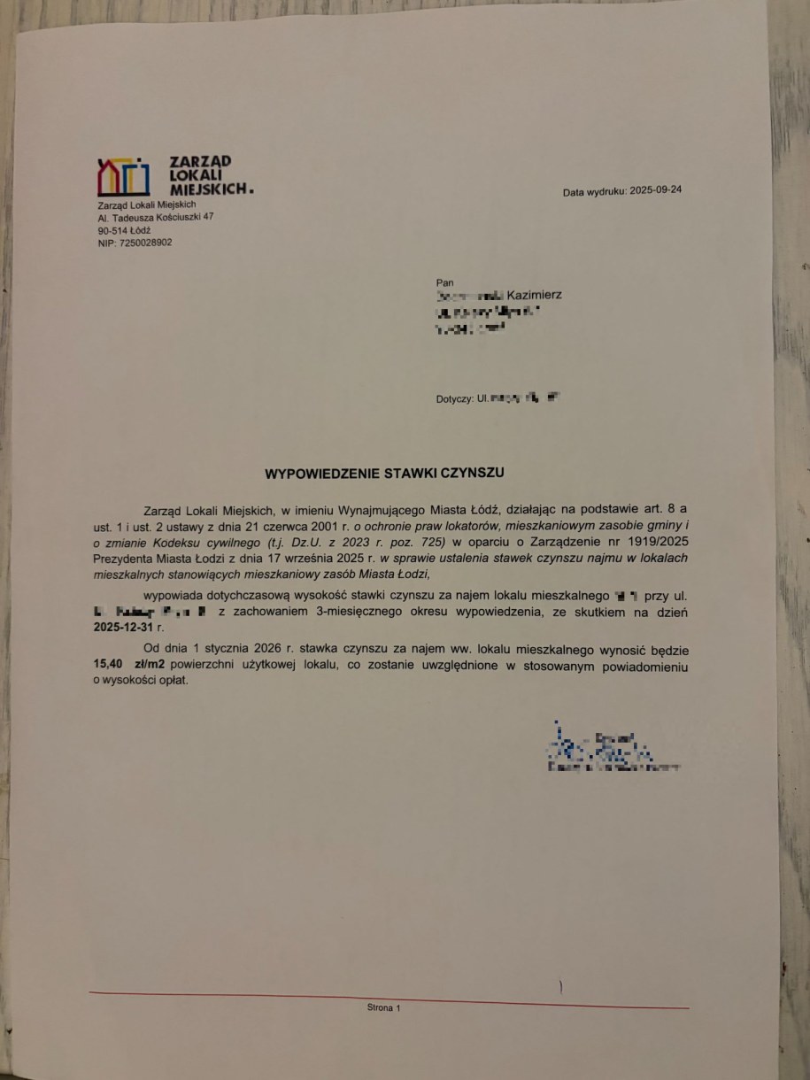 Informacja o zmianie stawki za czynsz /Mieszkańcy osiedla /