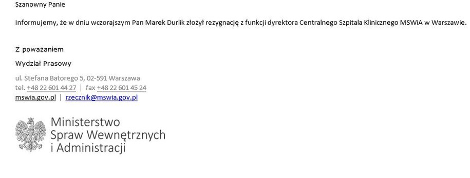 Informacja wysłana przez Ministerstwo Spraw Wewnętrznych i Administracji /Grzegorz Kwolek /RMF FM