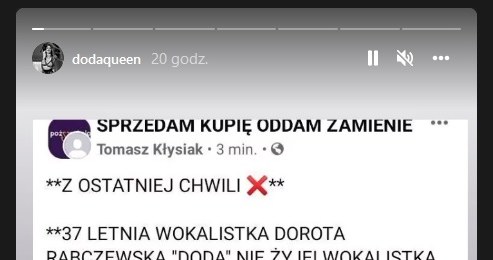 Informację o swojej śmierci opublikowała Doda na InstaStories. Jest to oczywiście fake news, fot. dodaqueen