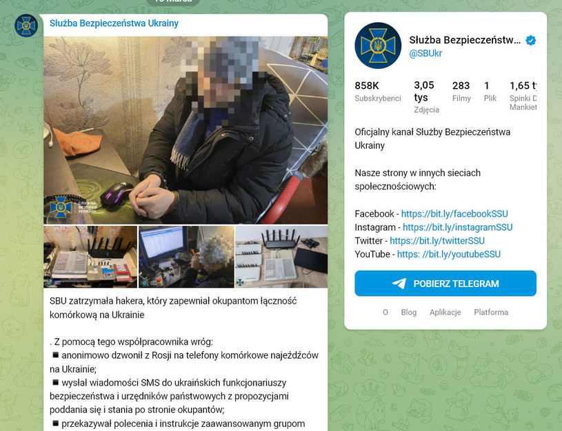Informacje o zatrzymaniu hakera powiązanego z Rosją pojawiły się też na Telegramie - SBU /materiały prasowe