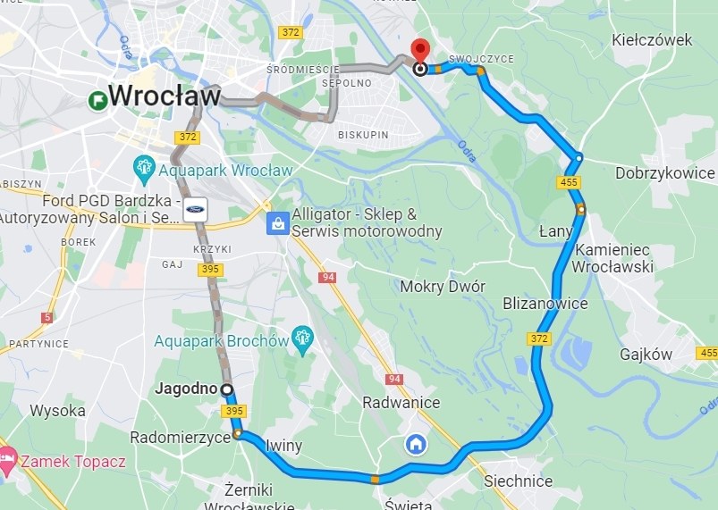 Inna trasa wiodąca obwodnicą liczy około 20 km/ Źródło: Google Maps /