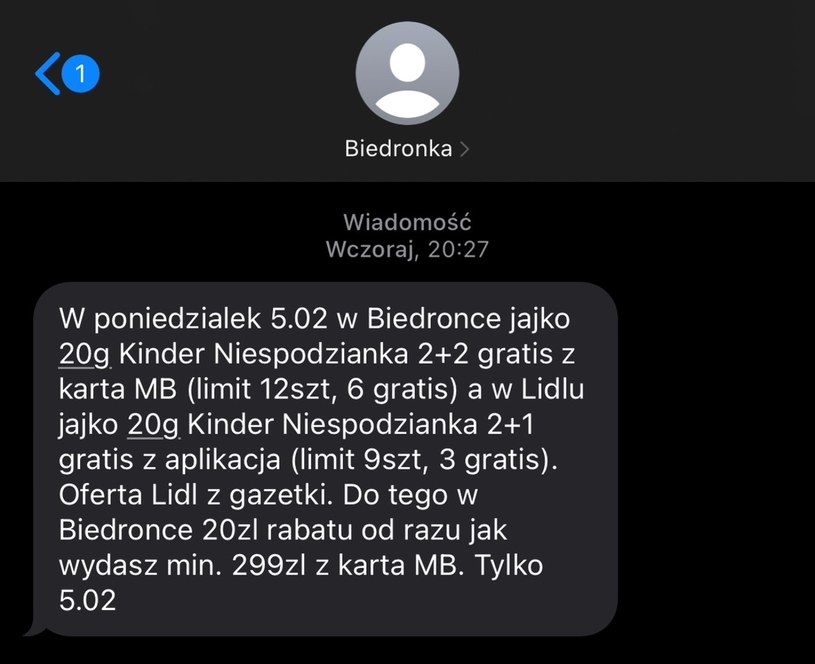 Inny SMS wysłany przez sklep Biedronka /Zrzut ekranu /INTERIA.PL