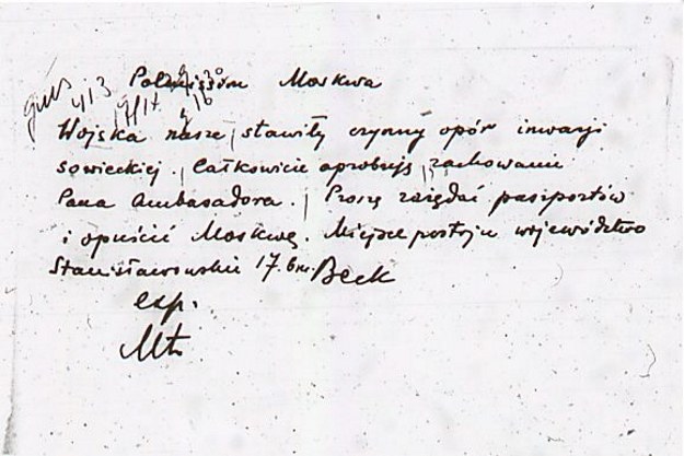 Instrukcja ministra Józefa Becka dla ambasadora Wacława Grzybowskiego, 17 września 1939 r. /msz.gov.pl /