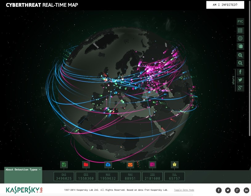 Interaktywna mapa cyberzagrożeń Kaspersky Lab. /materiały prasowe