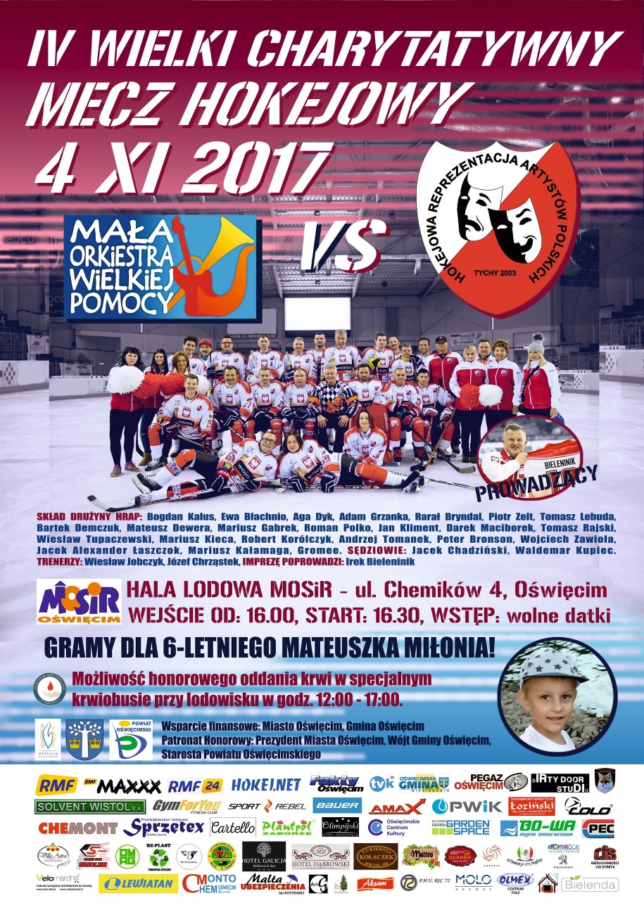 IV Wielki Charytatywny Mecz Hokejowy rozegrany zostanie 4 listopada o 17:00 na lodowisku przy Chemików 4 w Oświęcimiu /materiały prasowe /