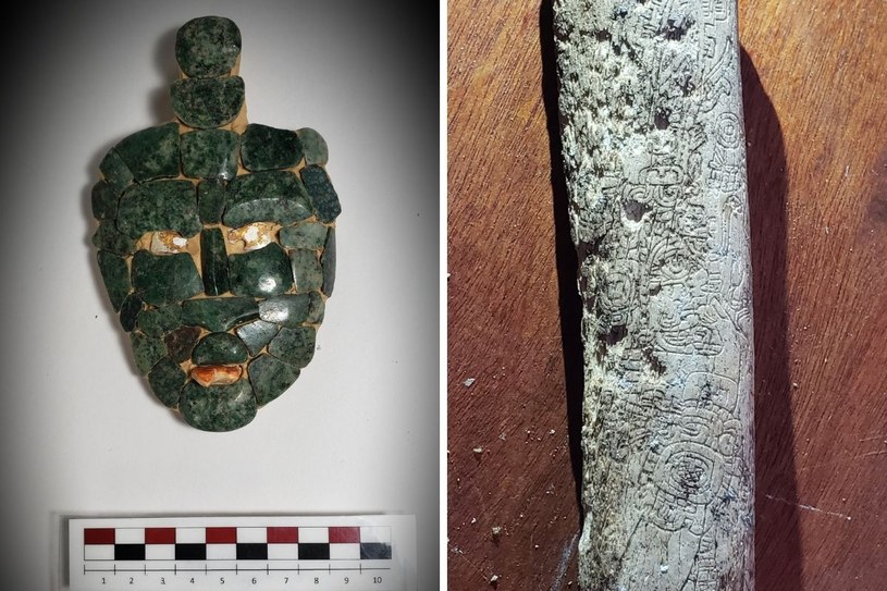 Jadeitowa maska i kość z inskrypcją znalezione w królewskim grobie w Chochkitam /Francisco Estrada-Belli/Tulane University /materiały prasowe