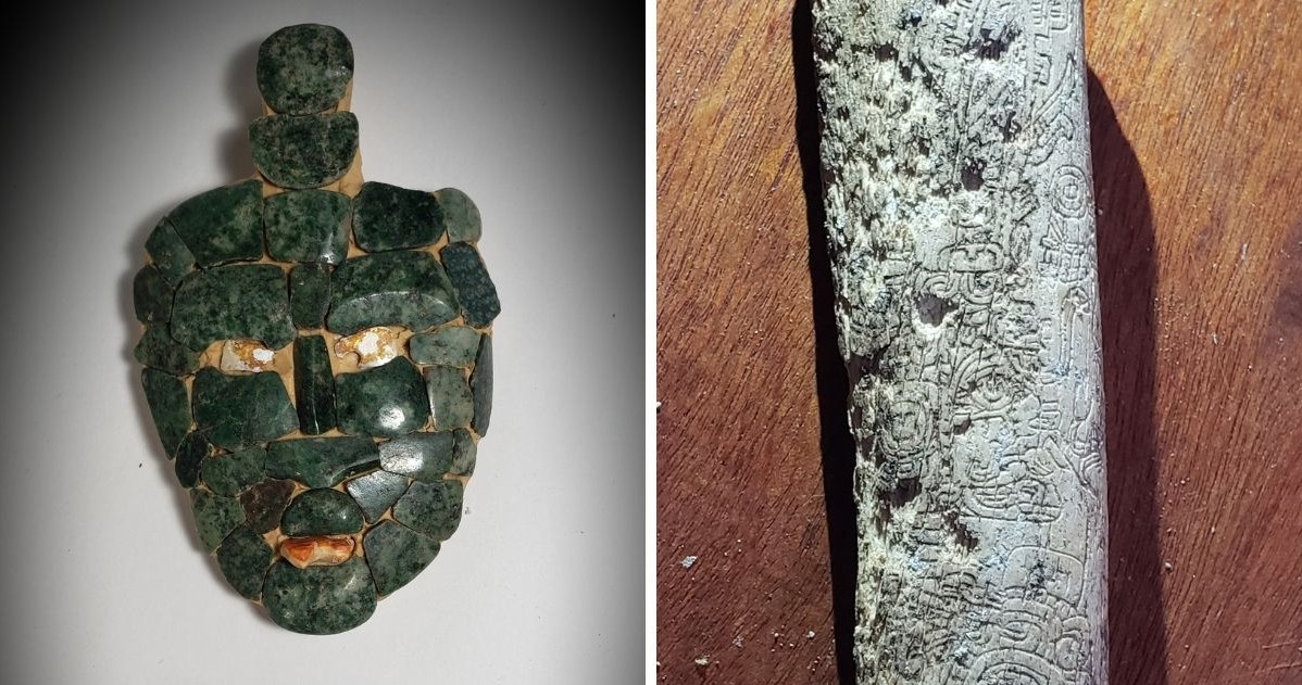 Jadeitowa maska i kość z inskrypcją znalezione w królewskim grobie w Chochkitam /Francisco Estrada-Belli/Tulane University /materiały prasowe