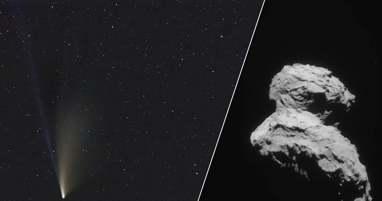 Jądro komety 67P/Churyumov–Gerasimenko sfotografowane przez sondę Rosetta wzbudza ogromną ciekawość, podobnie jak warkocze komety C/2020 F3 (NEOWISE). /Sławomir Matz | ESA/Rosetta/NAVCAM – CC BY-SA IGO 3.0 /YouTube
