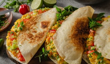 Jajecznica w tortilli z warzywami. Pomysł na śniadanie w meksykańskim stylu 