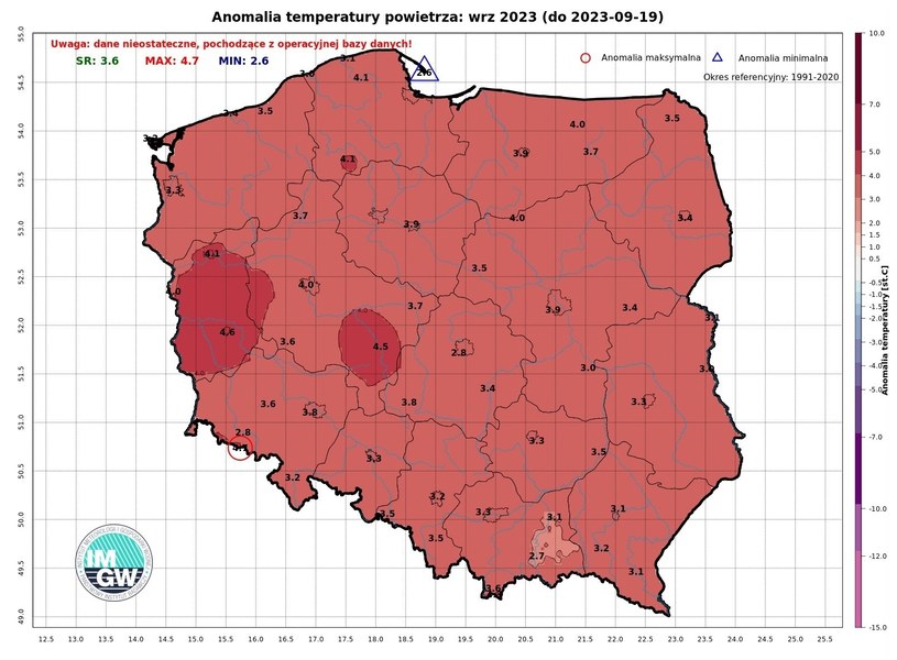 Jak podaje IMGW, we wrześniu w wielu miejscach wartość dodatniej anomalii zbliża się do 4 stopni Celsjusza, a miejscami przekracza 4,5 st. C /IMGW /