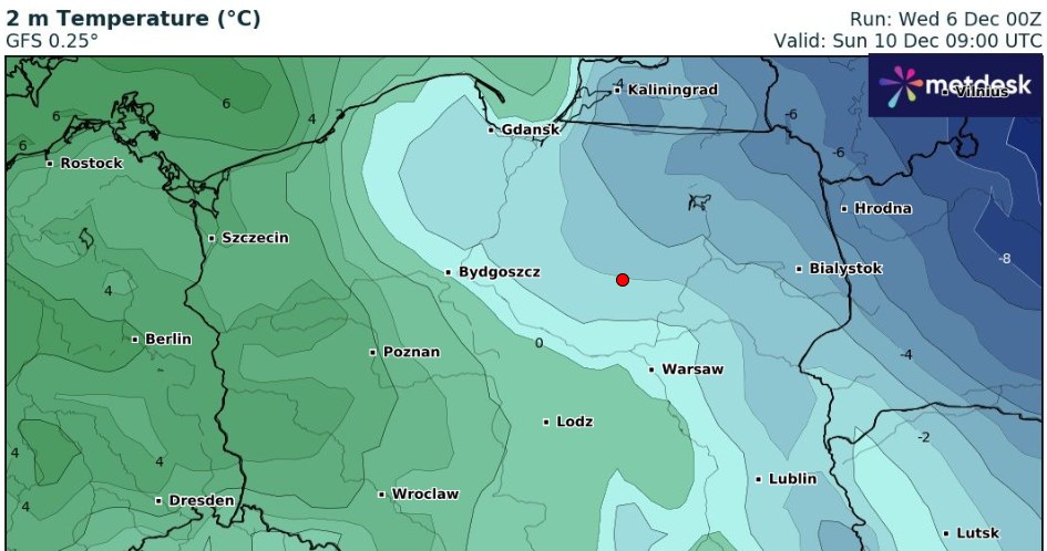 Jak powiedział synoptyk IMGW Jakub Gawron, możliwe że nadchodzące z zachodu ocieplenie utrzyma się w Polsce przynajmniej do połowy tygodnia /wxcharts
