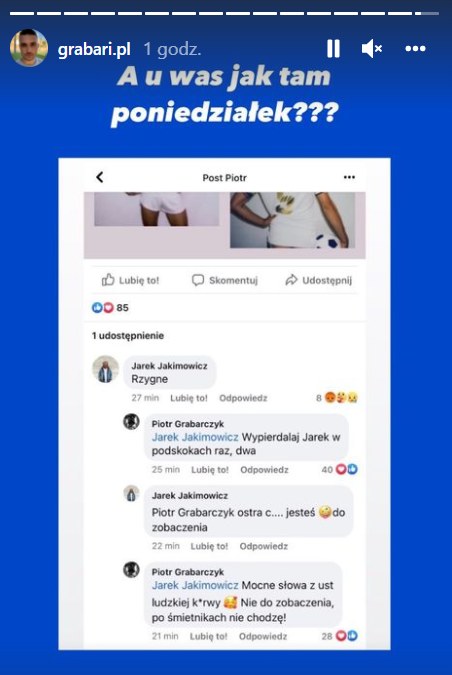 Jakimowicz komentuje post Grabarczyka na Facebooku /Instagram