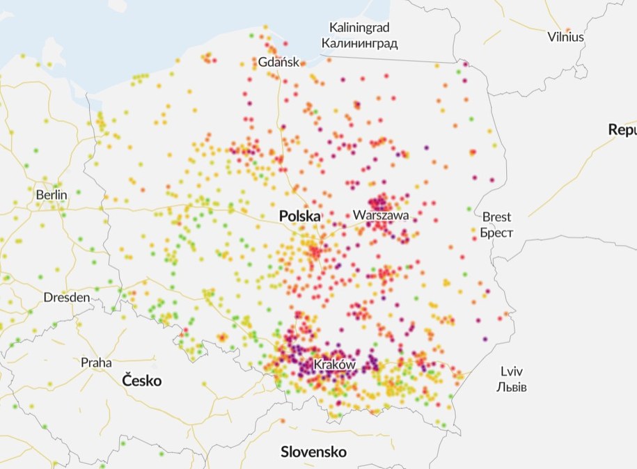 Jakość powietrza w Polsce we wtorek, 20 stycznia 2026 - przekroczone normy szkodliwych pyłów /Screen Airly.org /