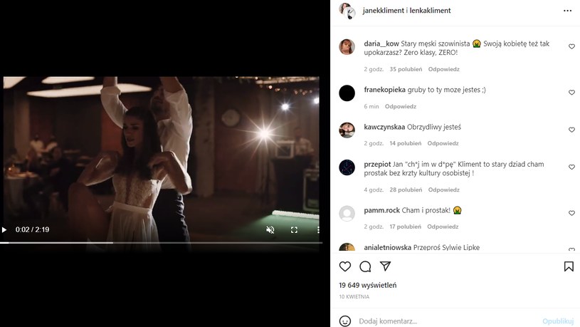 Jan Kliment obraził Sylwię Lipkę https://www.instagram.com/janekkliment/ /Instagram