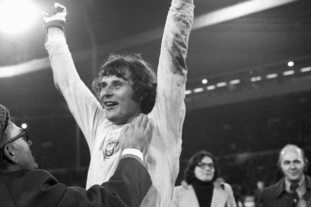 Jan Tomaszewski świętuje po końcowym gwizdku meczu z Anglią. Wembley, 17.10.1973 r. /PAP/EPA /PAP