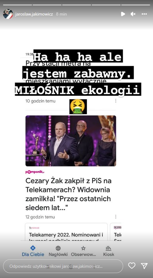 Jarosław Jakimowicz szydzi z Cezarego Żaka /@jaroslaw.jakimowicz /Instagram