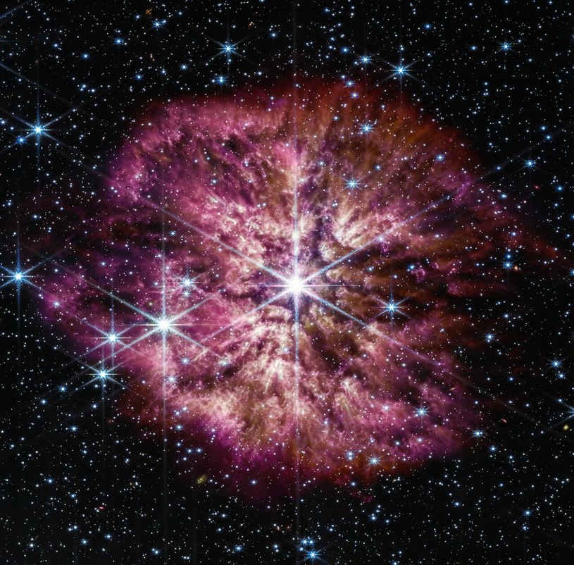 Jasna, gorąca gwiazda Wolf-Rayet 124 (WR 124) /NASA, ESA, CSA, STScI, zespół produkcyjny Webb ERO /domena publiczna