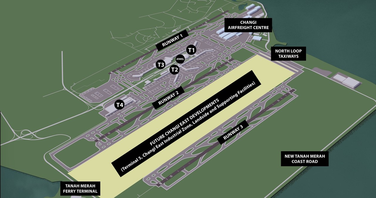 Jasnym kolorem zaznaczono położenie całej inwestycji Changi East obejmującej m.in. nowy, piąty terminal /Changi Airport /materiały prasowe