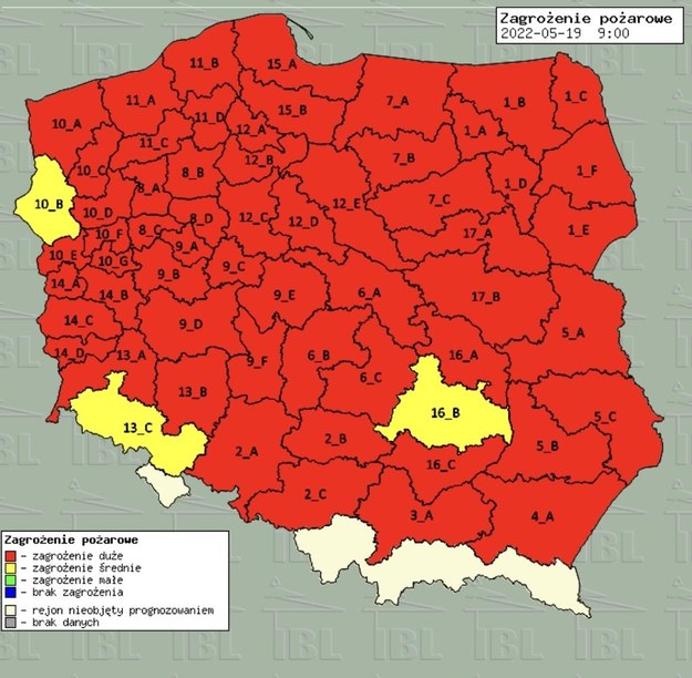 Jedynie w 3 rejonach kraju poziom zagrożenia pożarowego określany jest jako średni. /RDLP w Szczecinie /