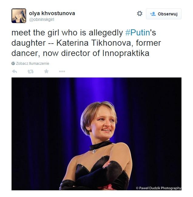 Jekaterina Tichonowa - zarządzająca miliardami dolarów miłośniczka rock-n-rolla - córka Władimira Putina /Twitter