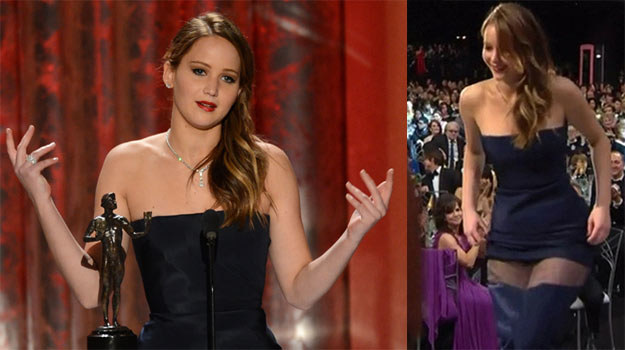 Jennifer Lawrence w pechowej sukni Diora. /Getty Images/Flash Press Media