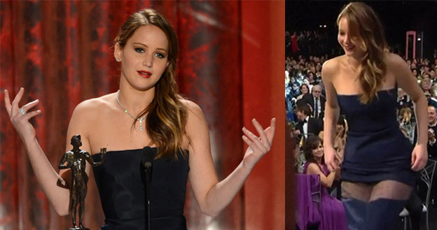 Jennifer Lawrence w pechowej sukni Diora. /Getty Images/Flash Press Media